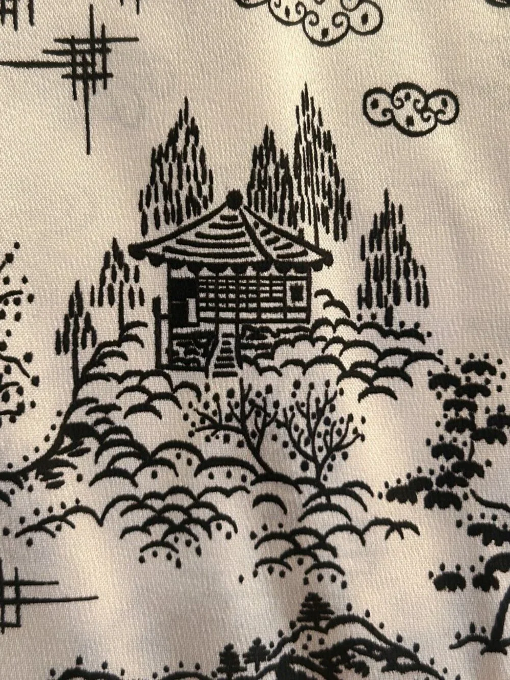 Vintage Toile Asian Scenes Satin Black & White Fabric LONG PIECE 44 x 275 inch